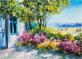 Obraz na szkle ogrodu przed domem, obraz olejny (70x50 cm)