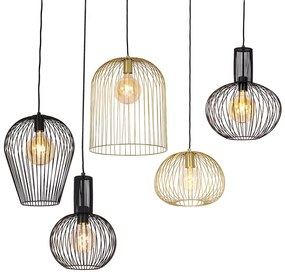 Zestaw 5 designerskich lamp wiszących czarno-złote - WiresDesignerski Oswietlenie wewnetrzne