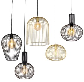 Zestaw 5 designerskich lamp wiszących czarnych i złotych - WiresDesignerski Oswietlenie wewnetrzne