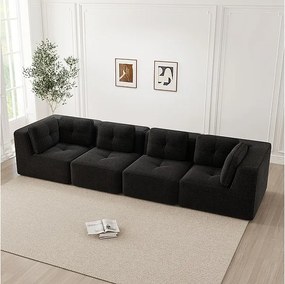 Canapé 4 places modulable, avec 6 coussins, en velours côtelé, 386x104x69cm, Noir