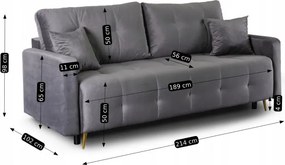 Sofa z Funkcją Spania SEUL Rozkładana Dwuosobowa Welurowa Szara Nowoczesna do Salonu