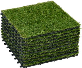 Outsunny Rolka Sztuczna Trawa 10 Sztuk Maty Trawnikowe Dywanik Rolny Sztuczny Trawnik na Balkon Ogród 25 mm Plastik Ciemnozielony 30 x 30 cm