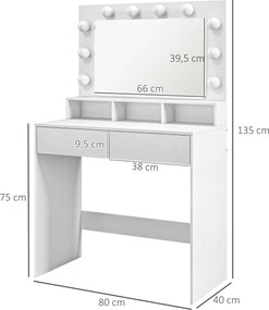 HOMCOM Toaletka z oświetlonym lustrem, szufladami, 3 opcje światła, 10 żarówek, nowoczesna toaletka w kolorze białym