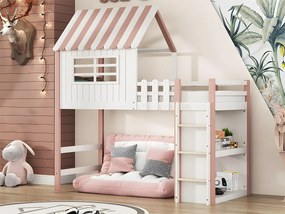 Łóżko piętrowe z litego drewna 90x200 cm - z drabinką i barierką zabezpieczającą - z 2 półkami - Różowe