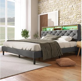 Łóżko 140x200 cm - Szary len - Łóżko dla dorosłych z zagłówkiem ze schowkiem i drewnianym stelażem z listewek - Oświetlenie LED - Bez materaca