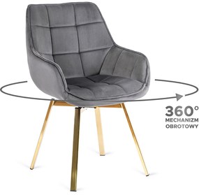 Zestaw Stół Okrągły Szklany SALLO 100 cm ze Złotymi Nogami i 4 Krzesła Tapicerowane Obrotowe do Salonu MIA Szare Welurowe