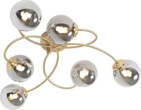 Plafon art deco złoty 6-źródeł światła z przydymionym szkłem - Athens