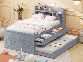 Łóżko wysuwane z 2 szufladami - 90 x 190 cm - półki do przechowywania i port USB - lite drewno - szare