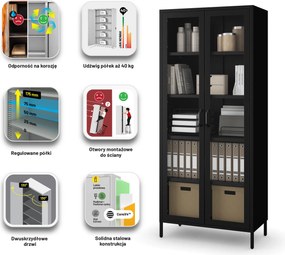 Witryna szklana do salonu metalowa czarna ANGELO Modern 800 x 1850 x 450 mm