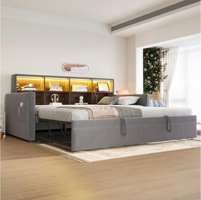 Sofa tapicerowana z funkcją spania - 90 x 190 cm - z wysuwanym łóżkiem 90 x 190 cm + zagłówek ze schowkiem + oświetlenie LED - welur - szary
