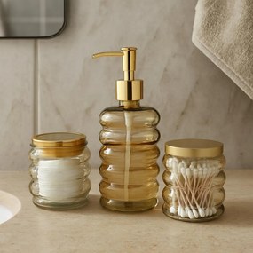 Zestaw łazienkowy HUM, szklany dozownik, kubek, pojemnik, 3 elementy