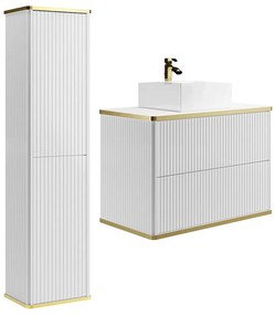 Podwieszana szafka łazienkowa prążkowana z kwadratową umywalką nablatową i słupkiem - Biała - 80 cm - KELIZA