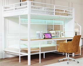 Piętrowe łóżko z metalu 90x200cm + 140x200cm - z biurkiem - oświetlenie LED - z gniazdkiem elektrycznym - z 2 szufladami - biały​ (materac nie jest wliczony w cenę)