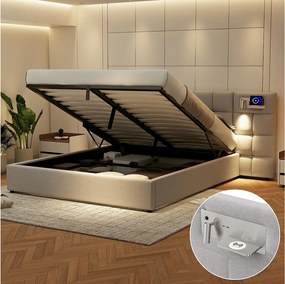 Łóżko ze schowkiem 180 x 200 cm i dużym zagłówkiem - Port USB i ładowanie bezprzewodowe oraz lampa świetlna - Tkanina lniana - Szary (bez materaca)