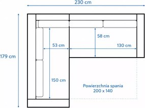 Narożnik Martim Plus 200x140 z funkcją spania i pojemnikiem na pościel – duży i wygodny