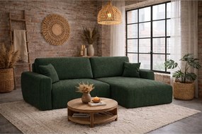 Narożnik z funkcją spania i pojemnikiem Ariel XL, tkanina sztruksowa Poso, Zielony, Prawy