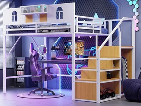 Łóżko mezzanine metalowe 140x200 cm - z drabinką z miejscem do przechowywania - z barierkami bezpieczeństwa - z otwartą szafą - biały