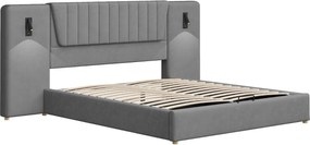 Łóżko ze schowkiem 180 x 200 cm z ekstra długim oparciem, lampką do czytania i portem USB - Velvet - kolor szary (bez materaca)