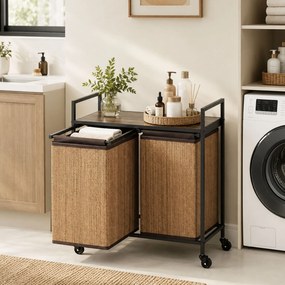 HOMCOM Kosz na pranie bambus 2 komory 120 l, pojemnik z półką, worek na pranie, na kółkach 73x33x78 cm, Brązowy | Aosom PL