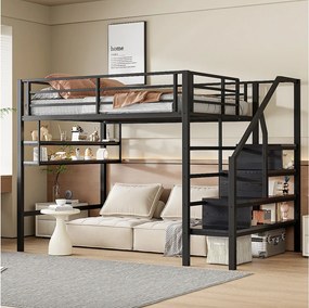 Łóżko piętrowe 140 x 200 cm z półkami i drabinką - Metal - Czarne (bez materaca)