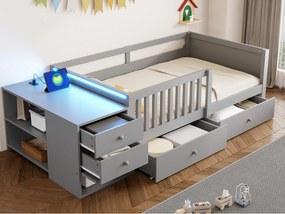 Łóżko dziecięce 90 x 200 cm - z gniazdkiem elektrycznym - z oświetleniem LED - z 4 szufladami - szary (materac nie wliczony)