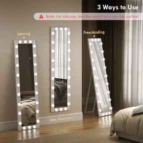 HOMCOM Lustro całopostaci 150x40 cm Lustro LED z 24 żarówkami 3 barwy światła, wolnostojące, do oparcia lub montażu na ścianie Biały | Aosom PL