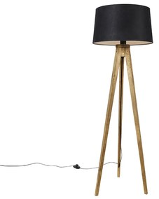 Rustykalna lampa stojąca na trójnogu z vintage'owym drewnem i abażurem z lnu w kolorze czarnym 45 cm - Tripod Classic Rustykalny / Vintage Oswietlenie wewnetrzne