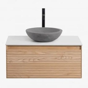 Zestaw Wiszących Mebli Łazienkowych Z Drewna Jesionowego Tedrik Popielaty Brąz & Okrągły Szary Cement Ø40 Cm - Sklum