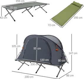 Outsunny łóżko kempingowe 1 osoba z materacem dmuchanym, kopułowy, szary 200x86x147 cm | Aosom PL