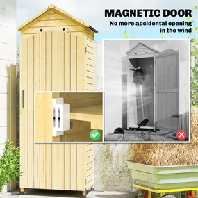 Outsunny Wysoki drewniany schowek na narzędzia z regulowanymi półkami, magnetycznymi drzwiami, galwanizowanym dachem i wentylacją | Aosom PL