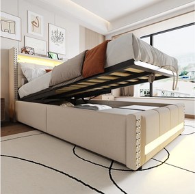 Tapicerowane łóżko ze schowkiem dla dzieci - 90 x 200 cm - z diodami LED + USB + zagłówek ze schowkiem - len + metal + sklejka + MDF - beżowy