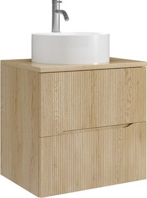 Szafka łazienkowa wisząca prążkowana z okrągłą umywalką nablatową i baterią – Jasny naturalny – 60 cm – ORISO