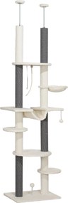 PawHut Drapak Sięgający Sufitu, Regulowany 225-255 cm, Platformy &amp; Hamaki, Zabezpieczenie Przed Przewróceniem, Biały