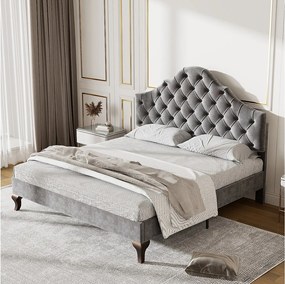 Łóżko z regulowanym zagłówkiem dla dorosłych - 140 x 200 cm - welur - styl skandynawski - szare