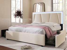 Łóżko tapicerowane 140x200cm z lnu - z 2 szufladami + LED + stelażem na listwach - Beżowe