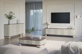 Stolik kawowy z szufladą Vesper 103x60 cm - kaszmir / orzech / złote uchwyty / nogi kule