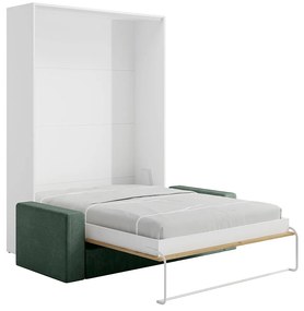 Łóżko chowane szafie 140 x 200 cm - Otwierane pionowo ręcznie - Kolor: Naturalny i biały + Materac + Zielona kanapa - BEGANIO
