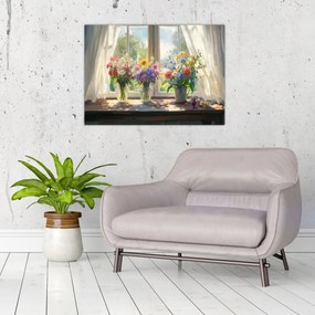Obraz na szkle - Bukiet przy oknie (70x50 cm)
