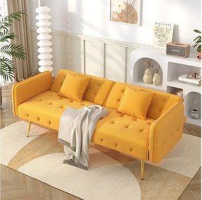 Sofa 2-osobowa rozkładana - 178 x 82 x 70 cm - z regulowanym oparciem i podłokietnikami - welur - żółta