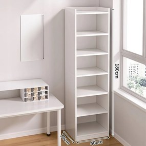 Biała szafka z 7 półkami – 180 x 40 x 30 cm – pionowy stojak na książki, styl minimalistyczny