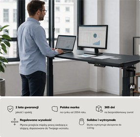 Biurko elektryczne z regulacją wysokości ergonomiczne antracytowe,1600x800 mm: ARIA