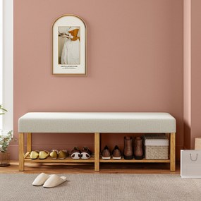 HOMCOM 140 cm Ławka na buty z drewna litego, nowoczesna ławka do przedpokoju z tapicerowanym siedziskiem dla dwóch osób, naturalne drewno i kremowy kolor | Aosom PL