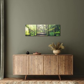 Obraz - drewniane schody w lesie (z zegarem) (90x30 cm)