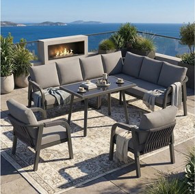 Salon Ogrodowy XL 8 Osób - Zestaw Jadalniany Narożny ze Stojącym Stołem i 2 Fotelami - Wykończenie z Plecionego Sznurka - Wytrzymała Stal Ocynkowana - Szary