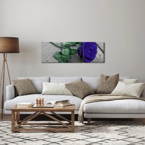 Obraz - Niebieska róża z zieloną łodygą (z zegarem) (90x30 cm)