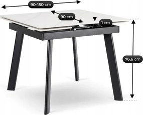 Stół Rozkładany Kwadratowy LARES 90-150 cm Ceramiczny Biały Marmur/Czarny Skandynawski