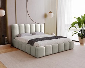 BESILIO Miękkie łóżko tapicerowane 140x200 Julien - łóżko z pojemnikiem, obłe łóżko, gęste pionowe pasy - Jasnoszary