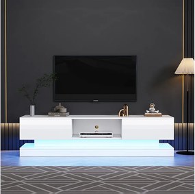 Szafka RTV z 2 szufladami i otwartą przegrodą - 160 x 35 x 40,5 cm - Diody LED - Płyta wiórowa - Błyszcząca biel