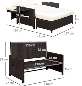 Outsunny Sofa ogrodowa z technorattanu Funkcja leżanki 2osobowa Podnóżek Brązowa z poduszkami | Aosom PL