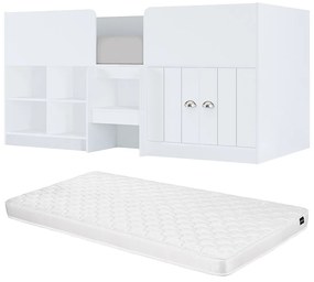 Łóżko podwyższone 90 x 190 cm ze skrzynią i - Biały + Materac - BOUTANIO